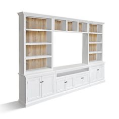 a white entertainment center with wooden shelves and drawers on each side, against a white background