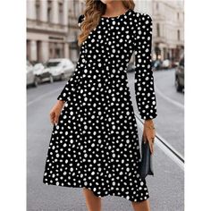 -Item Id 40943549 -Details: Zipper -Neckline: Round Neck -Sleeve Type: Puff Sleeve -Style: Casual -Type: A Line -Waist Line: High Waist -Hem Shaped: Flared -Color: Black And White -Pattern Type: Colorblock, Geometric, Polka Dot, All Over Print -Sleeve Length: Long Sleeve -Fit Type: Regular Fit -Length: Midi -Material: Woven Fabric -Composition: 95% Polyester, 5% Elastane -Care Instructions: Machine Wash, Do Not Dry Clean,Wash With The Soft Detergent -Sheer: No -Fabric: Slight Stretch **Open To Offers!!!** **Bundle To Save More** **30% Off Bundles Of 2 Or More Items!!** ***Orders Go Out Within 5-10 Business Days!! Thank You For Your Patience!! Multiple Sizes And Colors Available In Mo Casual Long Sleeve Polka Dot Midi Dress, Spring Polka Dot Midi Dress For Work, Polka Dot Midi Dress For Work In Fall, Polka Dot Midi Dress For Fall Workwear, Dot Print Dress, Classy Chic, Feel Pretty, Printed Sleeves, Chic Boutique