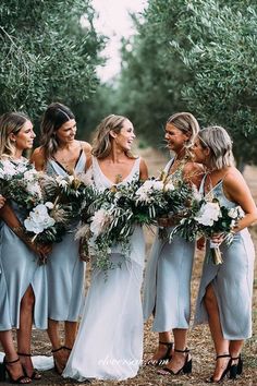 a group of women standing next to each other in front of an olive tree filled field