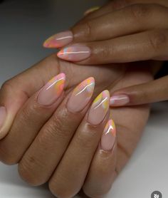 Simple Nail Ideas Almond Shape Summer, Vacation Almond Nails, Simple Marble Nails, French Nails Stiletto, Nail Collage, Yellow French Tips, Feminine Fatale, Fresh Nails