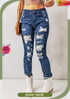 Blue Distressed High Waist Skinny Jeans High Waisted, Blue