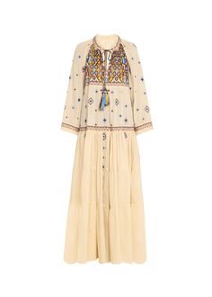 "Find FORTELA Wide Geometric Embroidered Bib Caftan on Editorialist. FORTELA caftan with geometric embroidery and bib Stand collar; tassel ties Long sleeves; approx. 26.9\"L Wide silhouette Tiered hem Full length Slipover style Cotton Unlined Dry clean, professional cleaning recommended Imported" Bohemian Beige Dress With Resham Embroidery, Beige Bohemian Dress With Resham Embroidery, Bohemian Beige Embroidered Dress With Intricate Details, Festive Bohemian Dress With Geometric Embroidery, Embroidered Beige Bohemian Kaftan, Beige Embroidered Bohemian Maxi Dress, Bohemian Embellished Embroidered Dress For Festive Season, Bohemian Multicolor Kaftan With Embroidered Neckline, Bib Dress