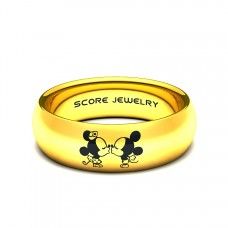 a yellow ring with mickey and minnie mouse on it's side, that says score jewelry