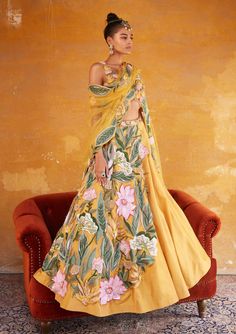 Varun Bahl | Tuscan Yellow Embroidered Lehenga Set | INDIASPOPUP.COM Haldi Carnival, Pretty Lehengas, Dress Cakes, Drape Lehenga, Varun Bahl, Haldi Outfits, Haldi Outfit, Lehenga Dupatta, Raw Silk Lehenga