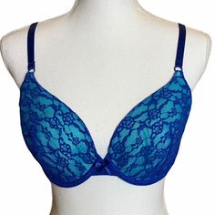 Size 34dd Demi Teal With Blue Lace Lightly Padded Elegant Fitted Blue Bra, Elegant Blue Stretch Bra, Elegant Blue Bra For Spring, Elegant Blue Spring Bra, Blue Fitted Bra Partially Lined, Blue Fitted Push-up Bra, Fitted Blue Push-up Bra, Elegant Stretch Blue Bra, Blue Fitted Partially Lined Bra