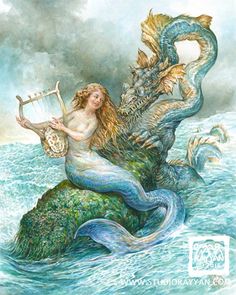 a mermaid sitting on top of a rock next to a sea monster holding a harp