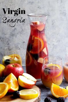 an assortment of fruit and juices in glasses on a table with the words virgin sangria