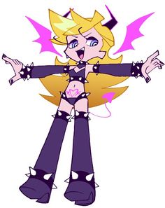 an image of a cartoon character with blonde hair and black pants, holding her arms out