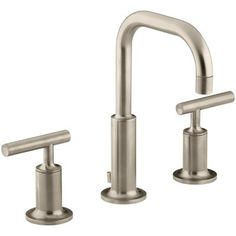 two handle bathroom faucet with side sprayer and hand shower head in brushed stainless finish