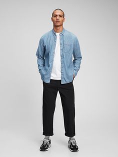 Jean Shirt Outfits, Jean Shirt Men, Jean Button Up Shirt, Denim Shirt Outfit, Denim Outfit Men, Summer Outfits Men Streetwear, Blue Denim Shirt