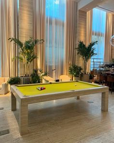 a pool table in the middle of a living room with potted plants on either side