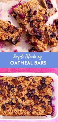 blueberry oatmeal bars are stacked on top of each other and ready to be eaten