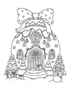 a coloring page with a house decorated in christmas decorations and bows on the front door