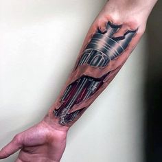 Realistic 3d Guys Terminator Robotic Forearm Tattoo With Torn Skin #UltraCoolTattoos Terminator Arm Tattoo, 3 D Tattoos, Tattoo 3d Realistic, Mechanical Tattoo Design, Robotic Arm Tattoo