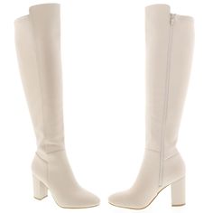 These Newly Arrived Stylish Boots Will Instantly Update Your Outfit. New In Box Vegan Leatherette Material Pointy Toe Design Side Zipper For Easy Shoe Removal Lightly Padded Insole Heel Height: 3 In. Shaft Height: 18 In. Fitting: True To Size. Regular Foot Width. Chic Beige Wide Calf Knee-high Boots, Cream Knee-high Heeled Boots For Fall, Cream Block Heel Fitted Boots, Fitted Cream Boots With Block Heel, Cream Block Heel Winter Boots, Cream Block Heel Boots For Winter, Beige Fitted Boots With Block Heel, Cream Boots For Winter Workwear, Cream Winter Boots For Workwear