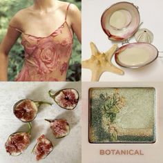 a collage of photos with figs, flowers and other things to make it look like a woman