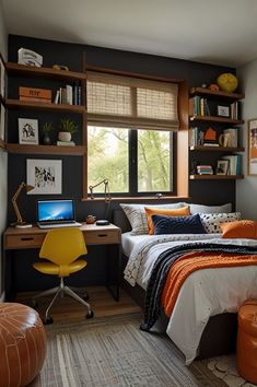 a bed room with a neatly made bed next to a computer desk and shelves filled with books