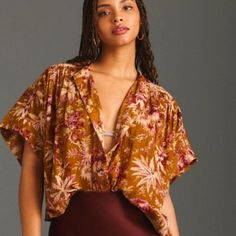 Nwt Anthropologie Pilcro Short Sleeve Batwing Button Up Blouse Size: L / Xl Color: Peach Combo = Mustard Yellow W/ Purple / Red Pink & White Floral Motif Pilcro For Anthro Bring This Boxy Button Up To Life With Gauzy Cotton Construction And Lovely Floral Details. The Oversize Fit, Batwing Sleeves And Rounded Hemline Make This One A Cinch For Beachy Warm Weather Fun For A Switch Up? Wear It Open Over Your Fav Tube Top. Features Include: Round Neckline Boxy, Oversized Silhouette Short Batwing Slee Anthropologie Top, Button Up Blouse, Oversized Silhouette, Batwing Sleeve, Bat Wings, Mustard Yellow, Tube Top, Floral Motif, Oversized Fits