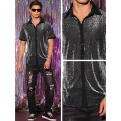 This stylish short-sleeved button-down shirt features a sheer mesh design with a shiny pattern that exudes charm and fashion. The see-through quality adds a touch of charm, making it a perfect choice for various occasions such as weddings, clubbing, or late-night outings. Pair this unique shirt with sleek leather pants to elevate your look. Unlike ordinary shirts, the contrasting color design of this shiny shirt adds a fashionable twist to your ensemble. Get this trend of metallic shirts as they Mens Disco Costume, Holographic Shirt, 70s T Shirts, Disco Costume, Glitter Shirt, Nightclub Party, Sequin Shirt, Charm Making, Unique Shirt