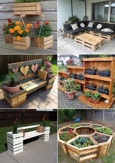 several different types of outdoor furniture made out of pallets and wooden crates with plants in them