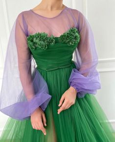 Gown - Teuta Matoshi Duriqi Green Dress Combination, Orange And Emerald Green, Sleeve Prom Dresses, Teuta Matoshi, Green And Lavender, Prom Dresses Elegant, Green Tulle, Long Sleeve Prom, Prom Dresses With Sleeves