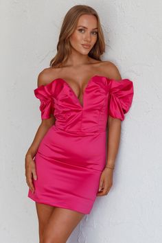 Kayleigh Off-Shoulder Puff Neckline Mini Dress Berry by Selfie Leslie Be Unforgettable, Leather Midi Dress, Satin Cocktail Dress, Pointed Pumps, Off Shoulder Dresses, Mini Dress Fashion, Split Maxi Dress, Pink Vibes, Iron Material