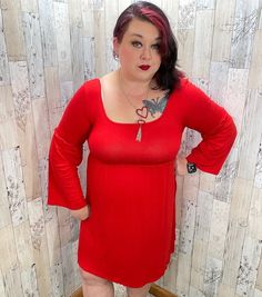 Hellooooo, pretty! I love a simple dress! This solid red dress has a square neck, bell sleeves and an empire waist!!! Dress this pretty up or down, so easy to do, it's the perfect wardrobe staple! This dress is available in sizes Medium, Large, XLarge. #smallboutiques #smallboutiquesarebest #onlineshopping #smallboutiqueshopping #boutique #reddress Red Bell Sleeve Dress, Real Women Fashion, Small Boutiques, Practice Outfits, Warm Dresses, Simple Dress, Heart Dangle Earrings, Solid Red, Perfect Wardrobe