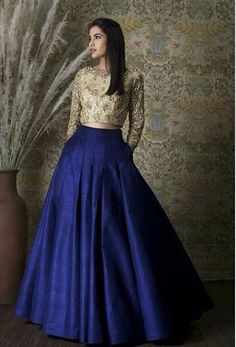 Royal Blue Pleated Skirt Full Length with Embriodered Peach | Etsy Royal Blue Pleated Skirt, Skirt And Top Indian, Royal Blue Lehenga, Blue Skirt Outfits, Royal Blue Skirts, Long Skirt And Top, Blue Pleated Skirt