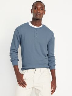 crew neck long sleeves button-henley placket relaxed fit hits at hip model is approx.  6'1" and wears size mmachine wash according to the care instruction label  . Best Holiday gift for Men , perfect T Shirts for Christmas! Casual Henley With Button Closure And Crew Neck, Casual Blue Long Sleeve Henley, Casual Long Sleeve Henley With Button Closure, Family Photo Colors, Fam Pics, Waffle Henley, Old Navy Men, Pajamas Gift, Henley T Shirt