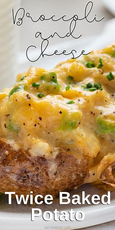 a close up of a plate of food with broccoli and cheese on it