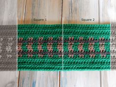 two knitted squares with the same pattern on them, one is green and the other is brown