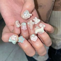 Short Charmed Nails, Charms On Short Nails, Charms For Nails, Nail Charms Short Nails, Nails With Charms Short, Short Charm Nails, Short Nails Charms, Kawaii Charm Nails, Super Short Nail Designs