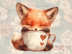 a painting of a fox holding a coffee cup with hearts on it's side