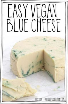 an easy vegan blue cheese is cut into pieces