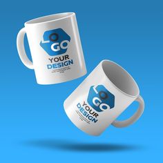 two coffee mugs with the words go your design printed on them