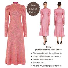 a pink dress with long sleeves and high neck