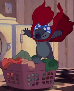 a cartoon character sitting in a laundry basket