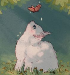 a painting of a white rabbit sitting in the grass with a butterfly flying over it