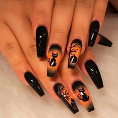 This Item Is A Box Of 24 Press On Nails. These Are Halloween Themed With A Black Cat And Orange Color. They Are Long And Glossy Finish. Brand New Never Worn! Coffin Ombre, Orange Nail Designs, Orange Nail, Halloween Fest, Long Press On Nails, Nagel Tips