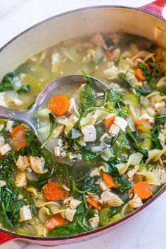 a red pot filled with chicken and vegetable soup