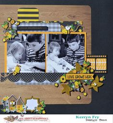 a scrapbook page with yellow flowers and pictures on it that include two children, one is holding a baby