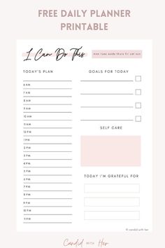 the free printable daily planner for moms is shown in pink and white with text that reads, i can do this