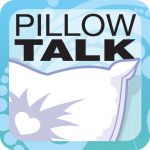 the pillow talk logo is shown in black on a light blue background with white bubbles