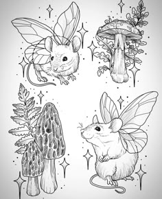 three different types of animals and mushrooms in black and white ink on a gray background