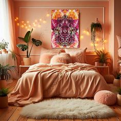 a bedroom decorated in pink and orange with plants on the wall, rugs and bedding