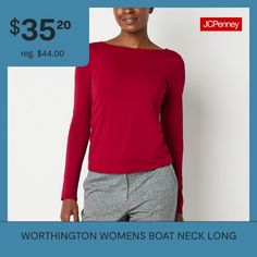 Fit: Regular FitNeckline: Boat NeckSleeve Length: Long SleeveApparel Length: 24 InchesFiber Content: 79% Nylon, 21% SpandexFabric Description: InterlockCare: Tumble Dry, Machine WashCountry of Origin: Imported Boat Neck Long Sleeve, Tailored Pants, Boat Neckline, Red Blouses, Boat Neck, Women's Style, Shirts Tops, Sleeve Blouse, Top Blouse