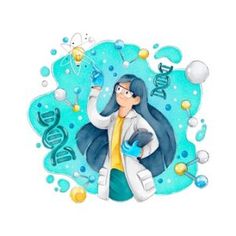 a drawing of a woman in a lab coat holding a beakle with the word'booda'written on it