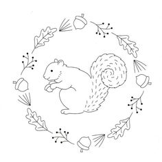 a squirrel with leaves and acorns on it's back in a circle