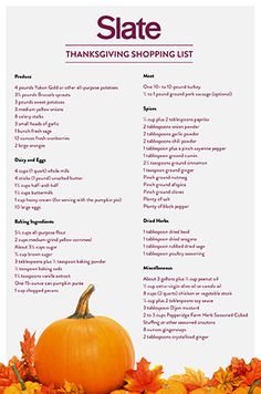 a thanksgiving shopping list with pumpkins and leaves on the bottom right hand corner,