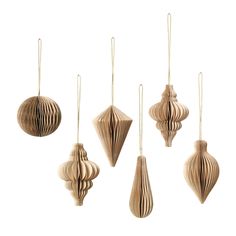 four wooden ornaments hanging from strings on a white background, each with an ornament in the shape of a ball